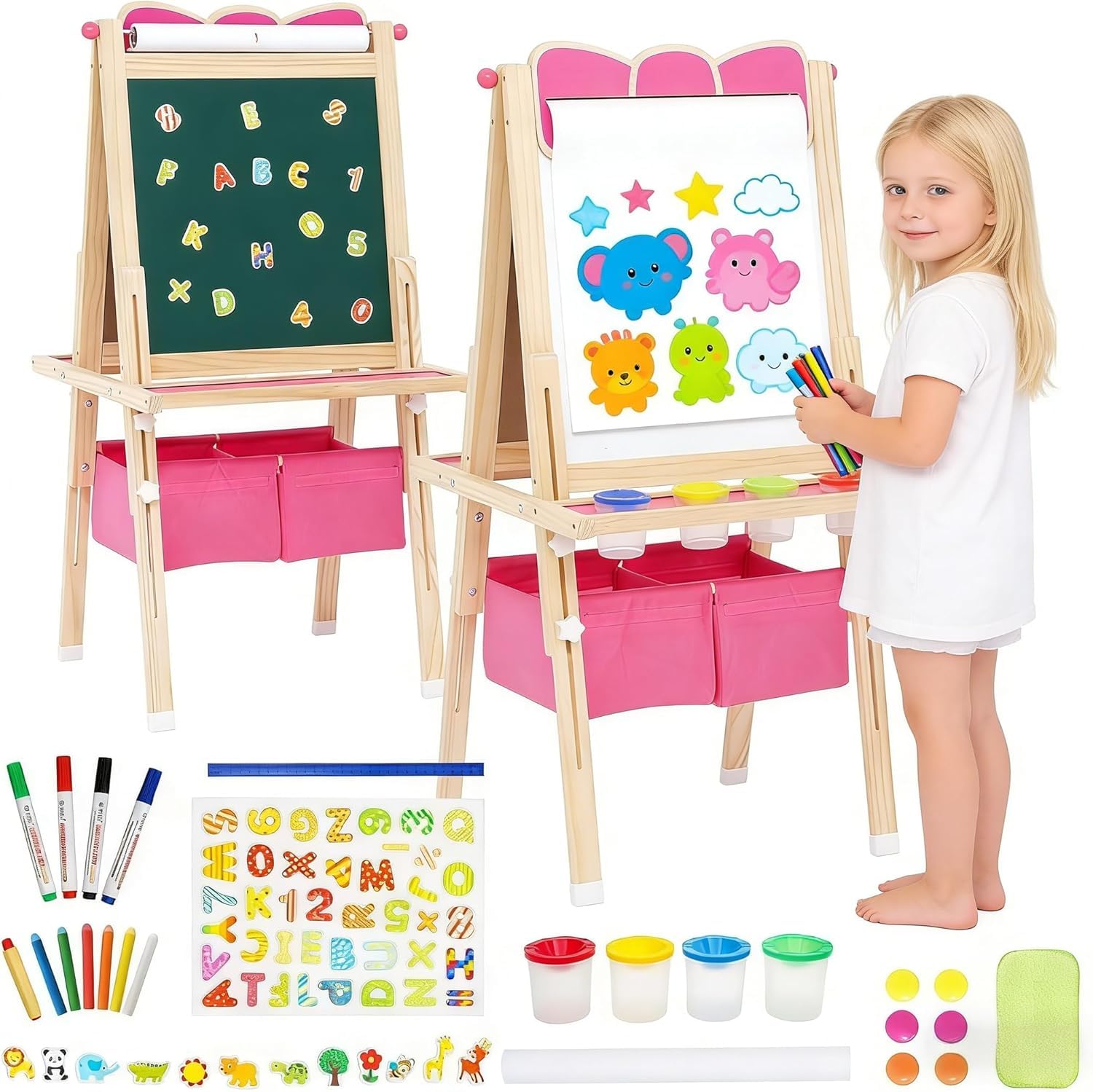 Art Easel for Kids Wooden Kids Easel Double Sided Adjustable Standing Whiteboard and Blackboard with Storage, Painting Art Present for Girls and Boys