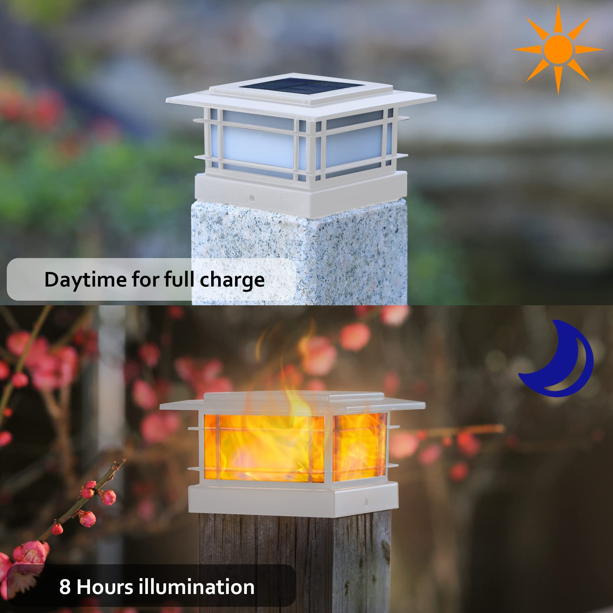 Dynaming 8 Pack Solar Post Cap Lights Outdoor with Flickering Flame Light, White Shell Fence Post Solar Lights Fit 4x4 5x5 6x6 Vinyl/Wooden Posts, Brightness LED Lighting Decor for Garden Deck Patio
