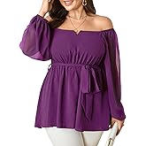 SCOMCHIC Womens Plus Size Peplum Tops Long Sleeve Square Neck Blouse Ruffle Hem Tie Waist Babydoll Top