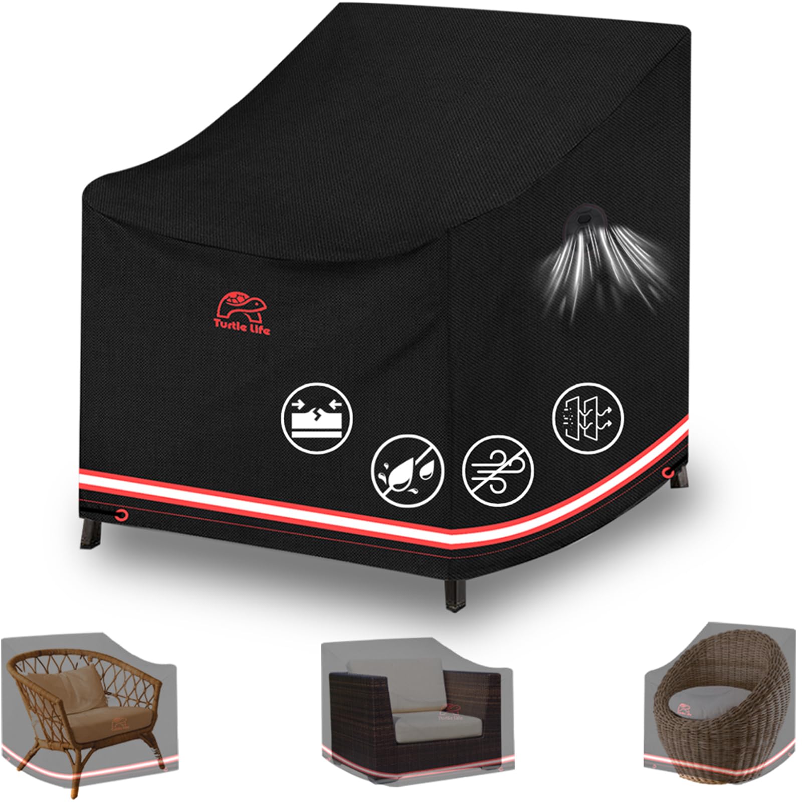 Turtle Life Patio Single Sofa Cover, Waterproof, Windproof, Oxford Fabric with PVC Coating, Black, 94x102x76 cm