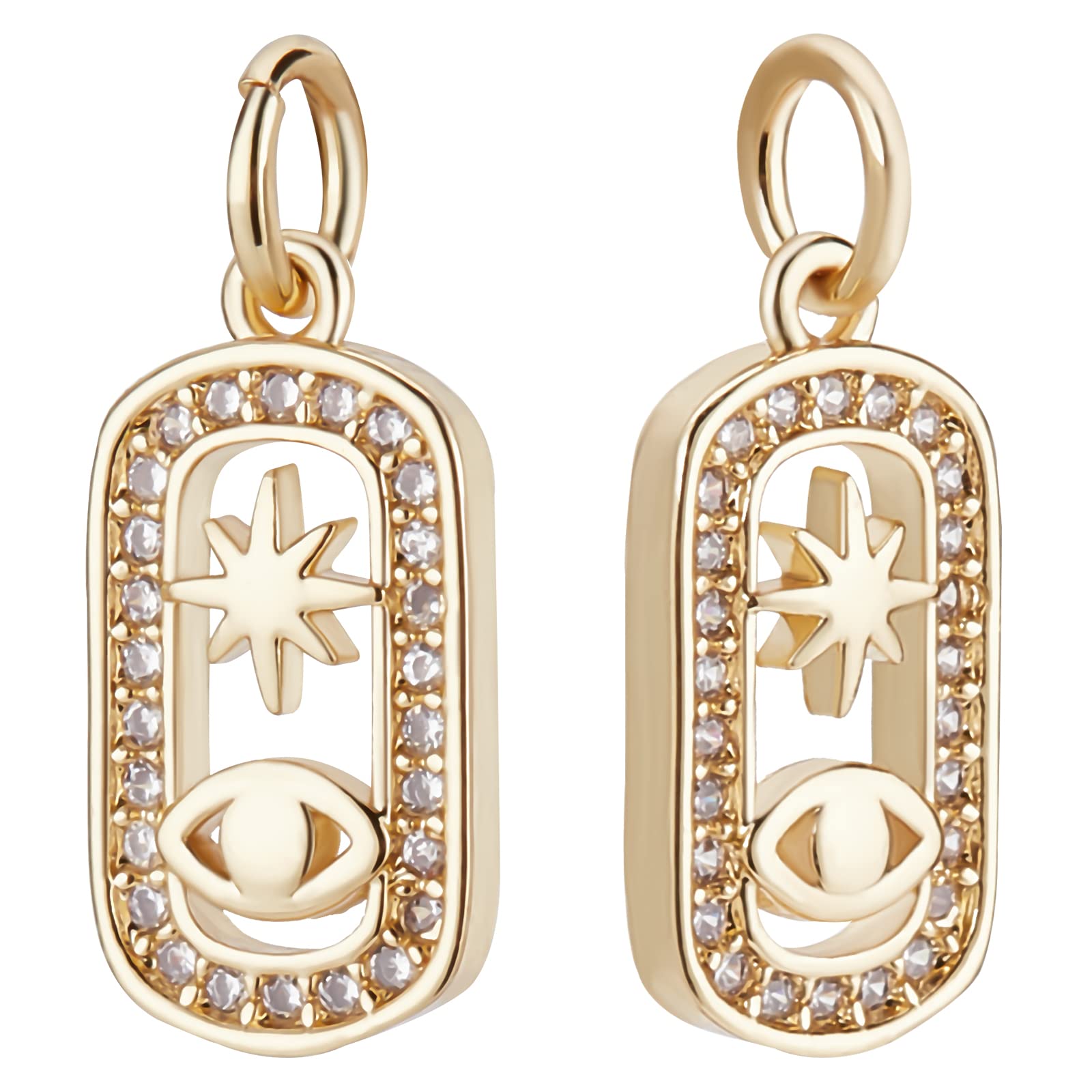 Beebeecraft 10Pcs/Box Cubic Zirconia Charms 18K Gold Plated Brass Oval with Star & Eye Pendant Charms with Jump Ring for Jewelry Making Necklace Bracelet