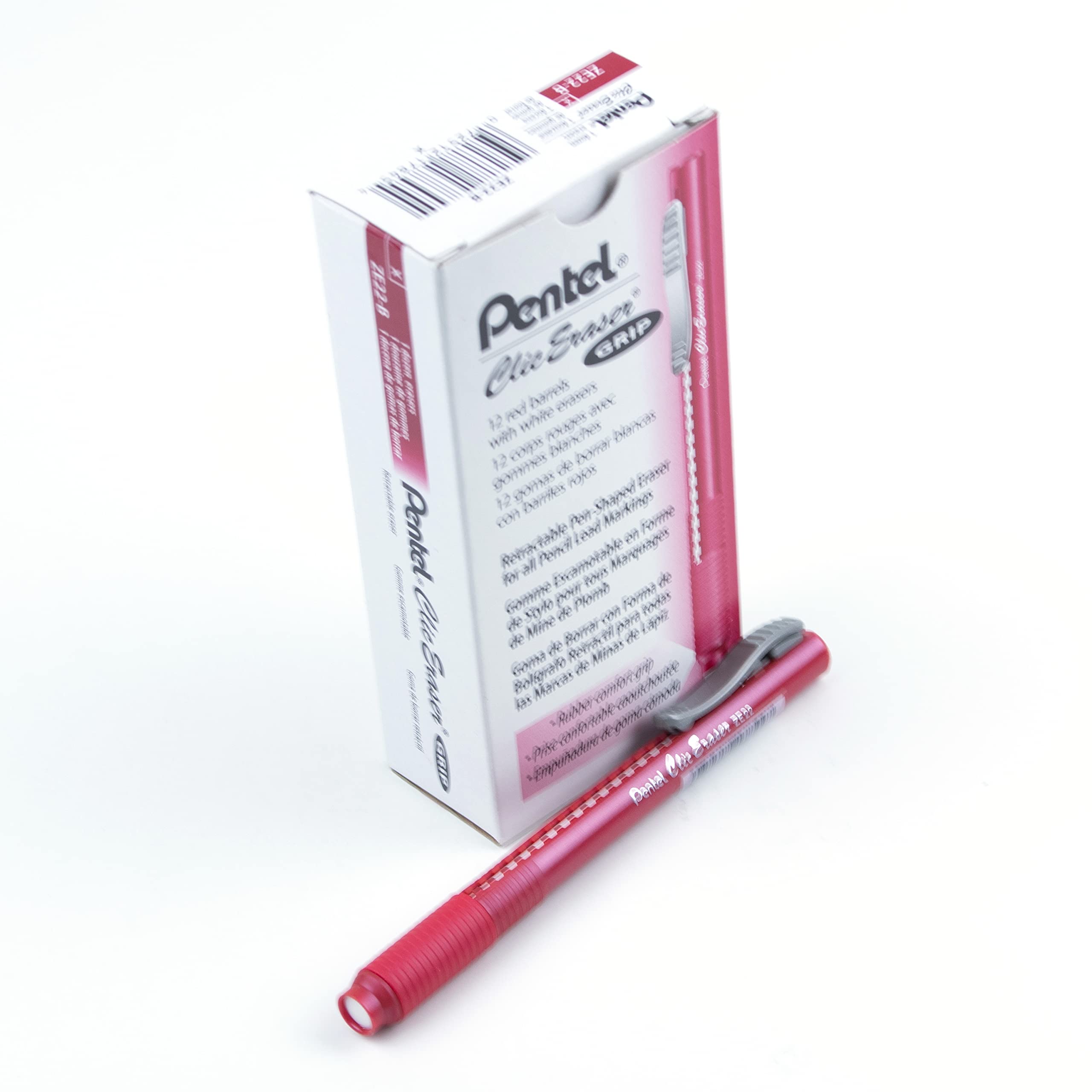 Pentel ZE22B, Clic Eraser Grip, Retractable Eraser, Red Barrel, Box of 12
