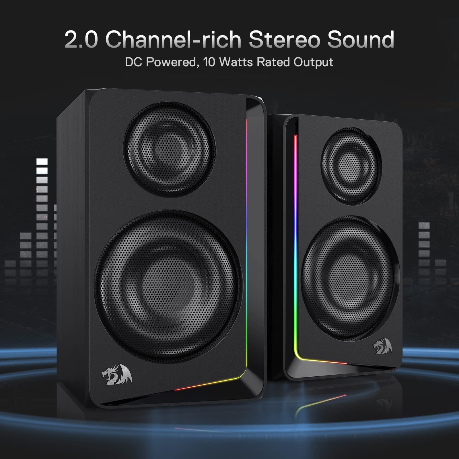 Redragon GS812 Wireless RGB Wooden Desktop Speakers, 2.0 Bookshelf Speaker w/BT 5.0/3.5mm AUX, Enhanced Bass/Volume Knob Control, Mic/Audio Jacks & Dynamic RGB Lighting