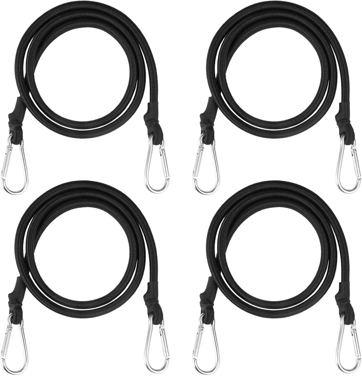 1M Long Bungee Cords with Carabiner Clips, 4 PCS Heavy Duty Carabiner Bungee Cord, Elastic Bungee Straps with Carabiner Hooks, Durable Black Straps for Camping, Tarps, Bike Rack, Tent Car, Roof Rack