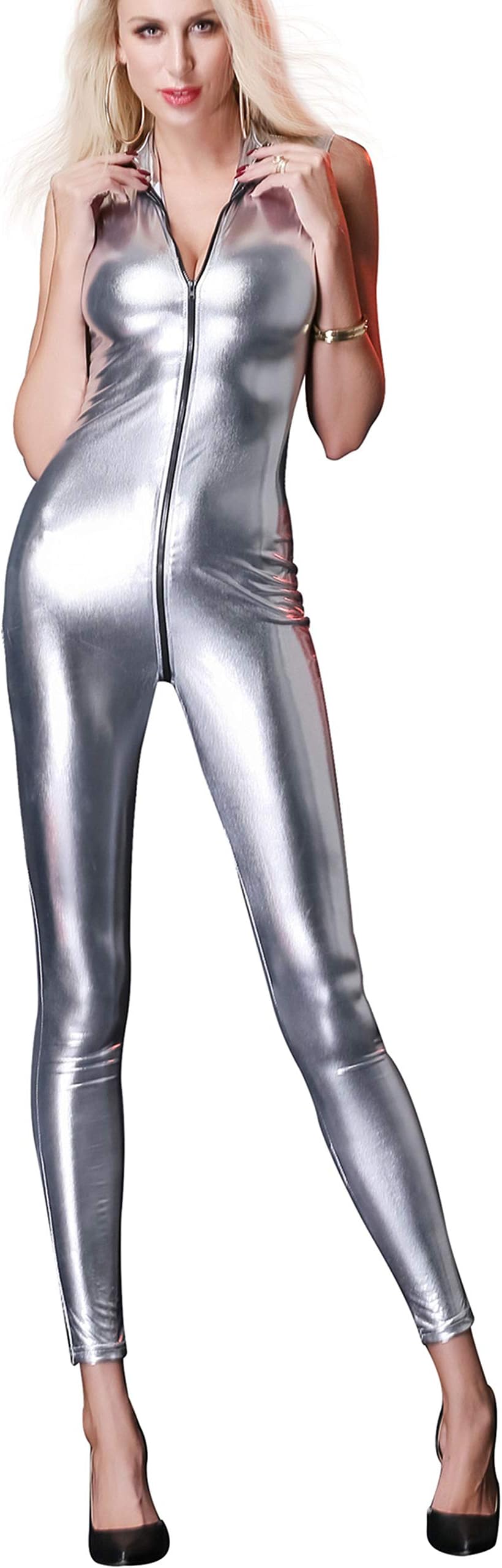 Rozegaga Womens Sleeveless Zipper Up Faux Leather Bodysuit Clubwear