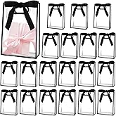 20 Pcs Clear Gift Bag with Handle, Clear Bags for Gifts with Handles & Transparent Gift Bag with Handles, Reusable PP Plastic Party Favor Bags with Ribbon, 7x10.2x3 Inch (Black)