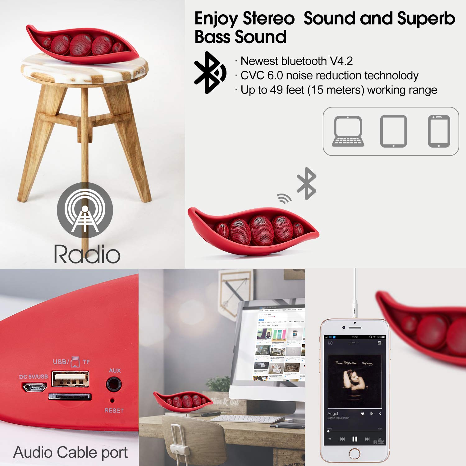 Wireless Bluetooth Speaker with Superior Stereo Sound, Exclusive Pea Appearance, 5-Watts, 24-Hour Playtime, Perfect Wireless Speaker for Home (Red)