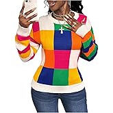 GORGLITTER Women's Plaid Sweater Colorful Long Sleeve Crewneck Fall Trendy 2025 Knitted Cozy Pullover Tops