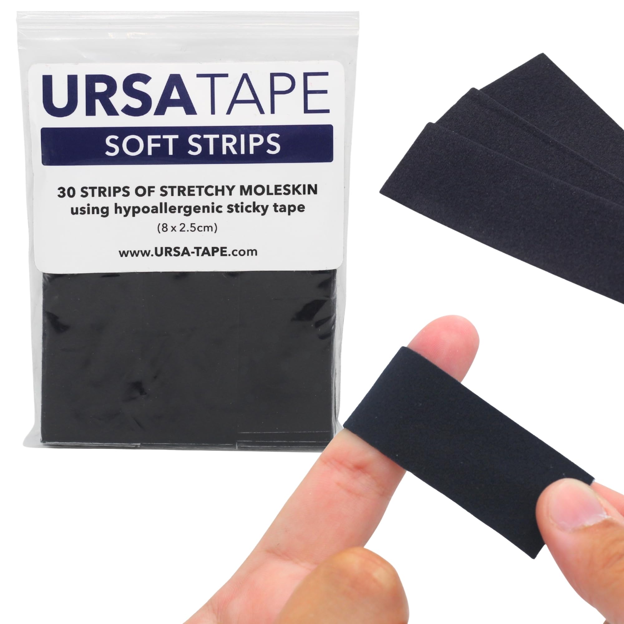 URSA Tape Soft Strips - Pack of 30 (Black) | Stretchy Moleskin Fabric Tape | Heavy-Duty Blister Prevention Strips | No-Residue Bandages for Feet & Body | Adhesive Padding | 8 x 2.5 cm