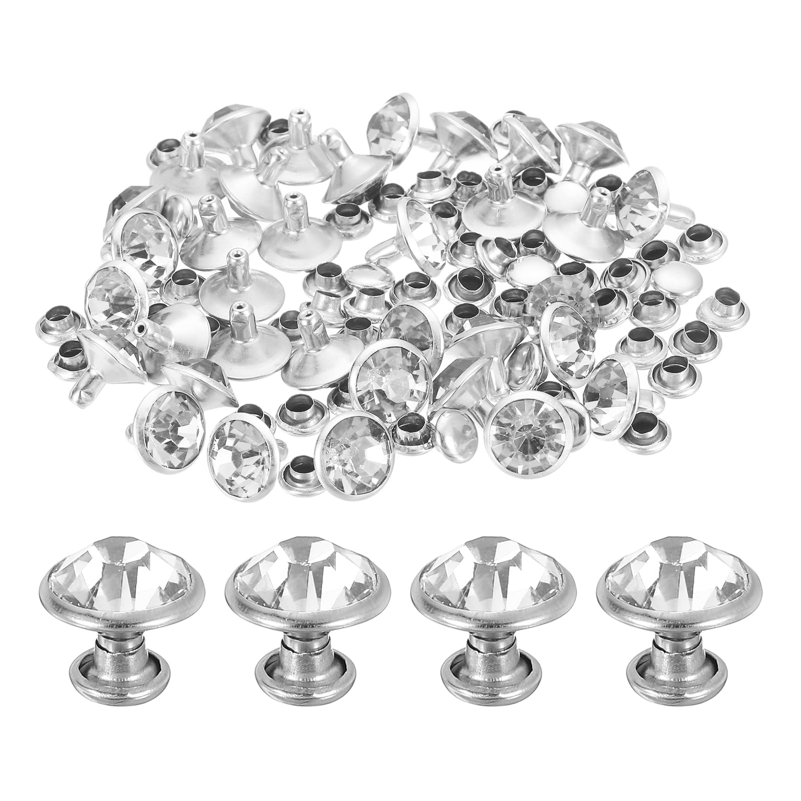 Photo 1 of uxcell 60 Sets Rhinestone Rivets, 10mm Leather Rivets Crystal Rivets Stud Rapid Double Cap Rivets for DIY Leather Craft Fabric Clothes Belt Bags, Silver Clear