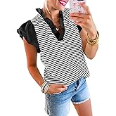 Tankaneo Womens Ruffle Cap Sleeve Tank Tops Summer Casual Cute Color Block Striped Tshirts Pleated V Neck Shirts