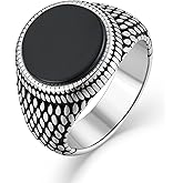 Rayamrd Black Onyx Turquoise Round Signet Rings for Men, Vintage Textured Stainless Steel Men's Ring, Size 7-12