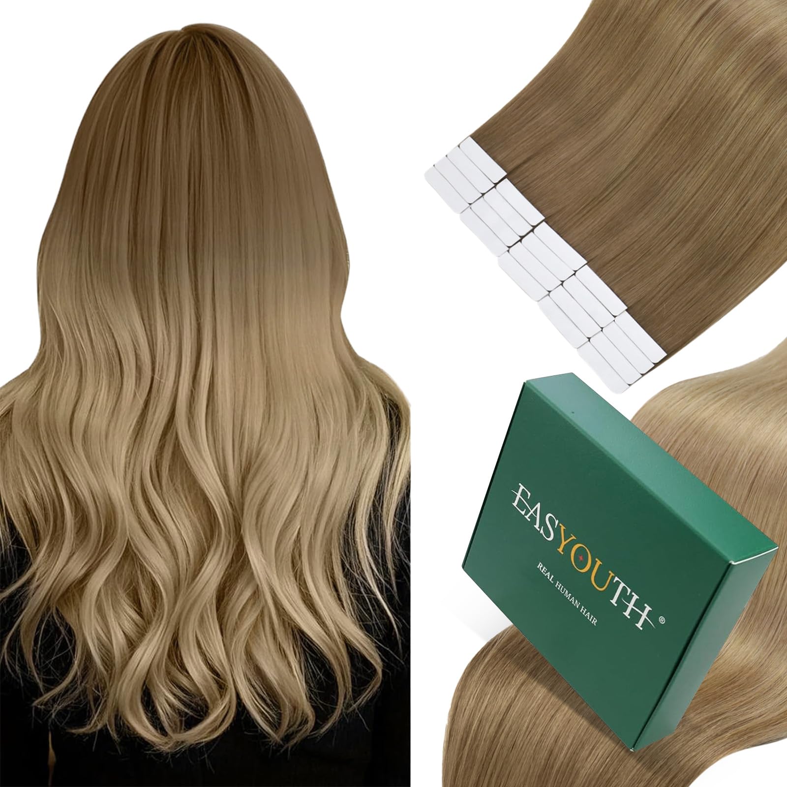 Easyouth Human Hair Tape in Extensions Brown Ombre Tape in Extensions Real Human Hair Brown to Golden Blonde Human Hair Extensions Tape ins Natural Texture 14 Inch 40g 20Pcs #10/14 — image 1