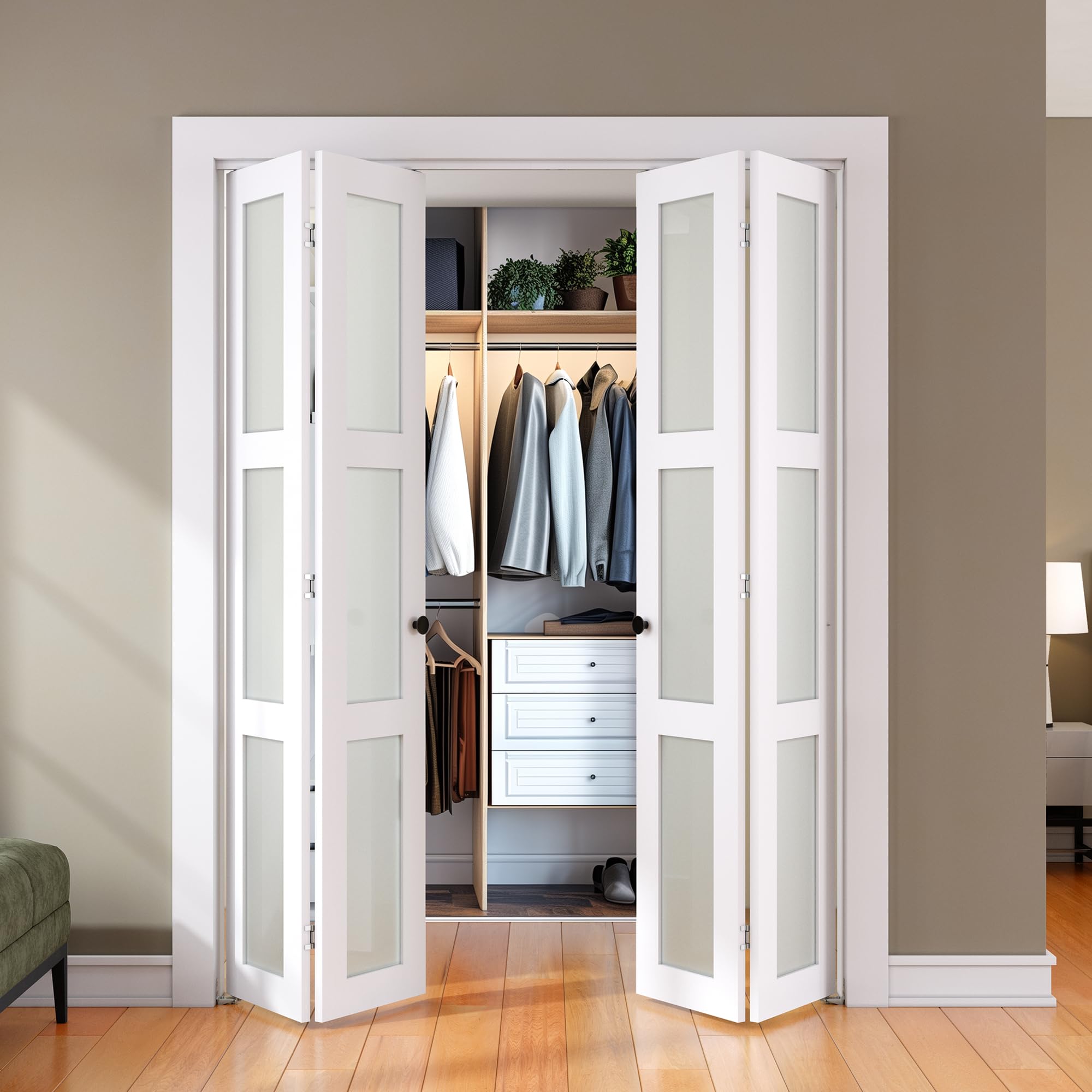 Photo 1 of (single door) SMARTSTANDARD Bifold Door, for 64"x 80" Opening,Tempered Frosted Glass Closet Folding Barn Door with Hardware Kit, Water-Proof PVC Surface,Easy Install,White