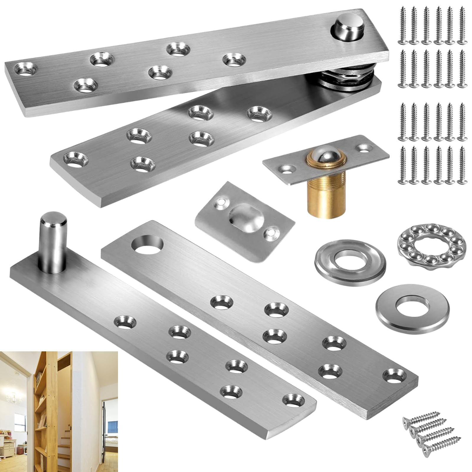 Hidden Door Hinge, Door Pivot Hinges Stainless Steel Pivot Hinge Pivot Door Hinge Hardware Heavy Duty 360° Rotation Max 300lb Hidden Door Hinges for Bookcase Secret Doors