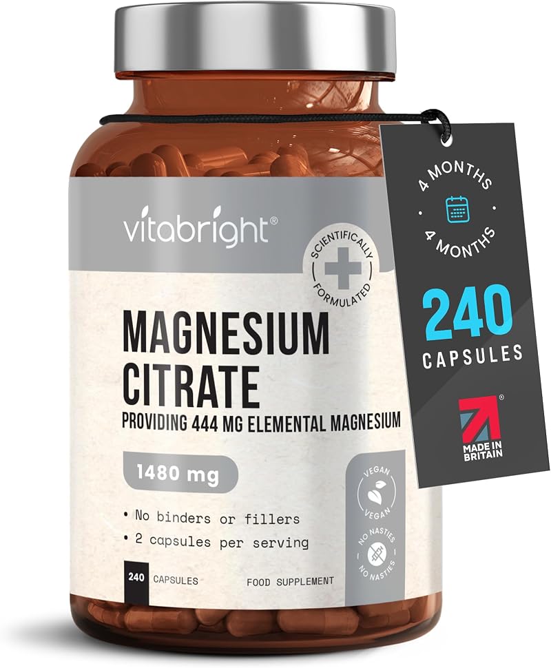 VitaBright Magnesium Citrate 1480mg | 444mg Elemental Mg | Vegan Capsules