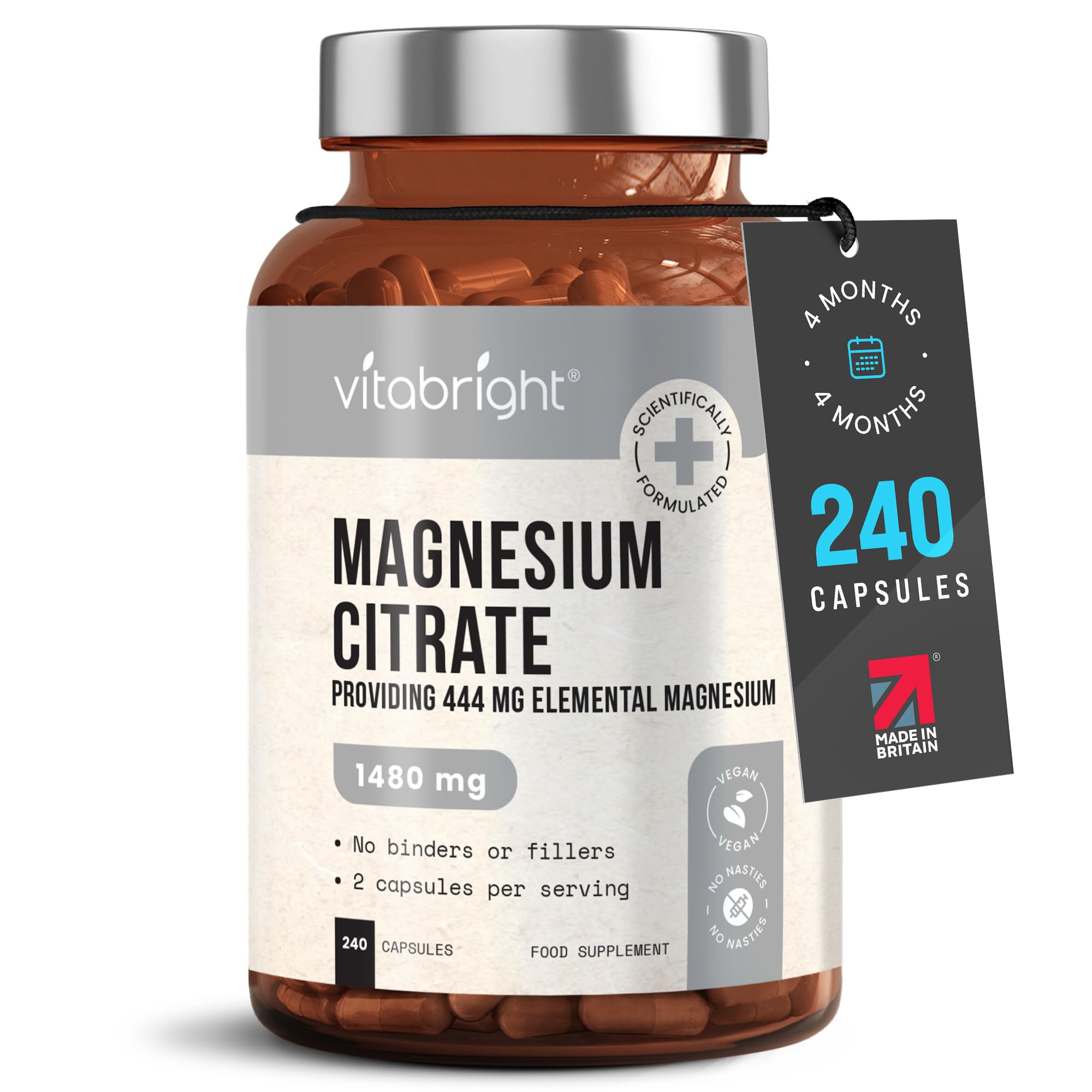 VitaBright Magnesium Citrate Capsules 1480mg | 444mg Elemental Mg | 4 Months | High Strength Magnesium Supplements for Women & Men | Not Powder or Tablets