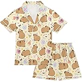 KUEJOP Birthday Capybara Pajamas Set Summer Satin Pajama Set, Button-Down Sleepwear Capybara Pjs for Sleep Wears