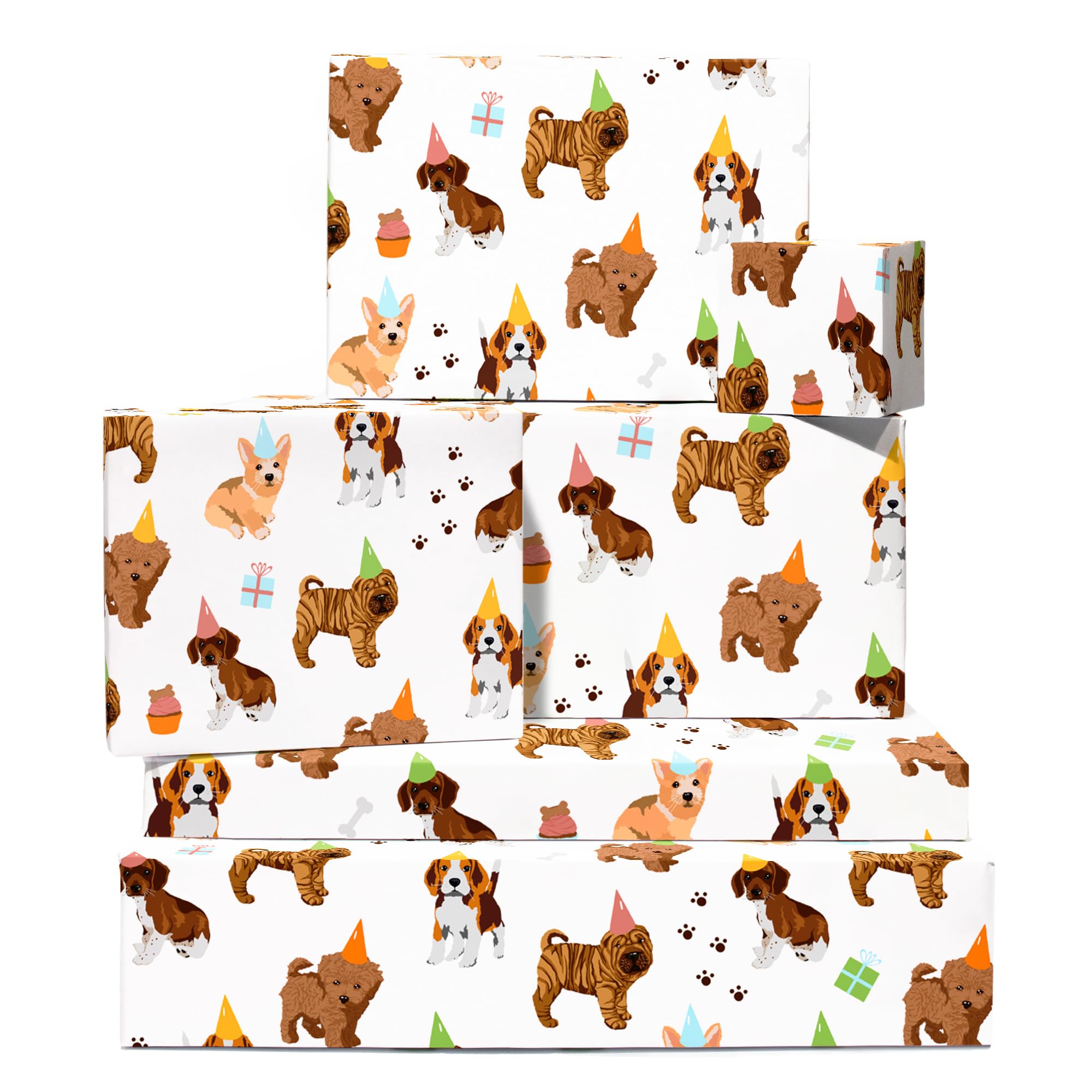 Central 23 - White Wrapping Paper - Dogs in Hats - 6 Sheets of Birthday Gift Wrap - Celebration - For Men Women Kids - Recyclable