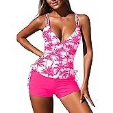 ZAFUL Women's 2025 Tankini Swimsuits Ruched Top Two Piece Tummy Control V Neck Bathing Suits with Short