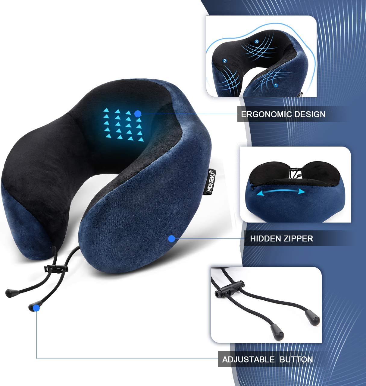 HOKEKI Travel Pillow 100% Pure Memory Foam Neck Pillow, Comfortable & Lightweight , Breathable and Improved Support Design, for Airplanes and Travel (Blue): Kitchen & Dining