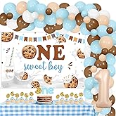 Balterever Milk and Cookies 1st Birthday Party Decorations with One Sweet Boy Backdrop Blue Tablecloth Cookies 1st Cupcake Cake Toppers for One Year Old Birthday