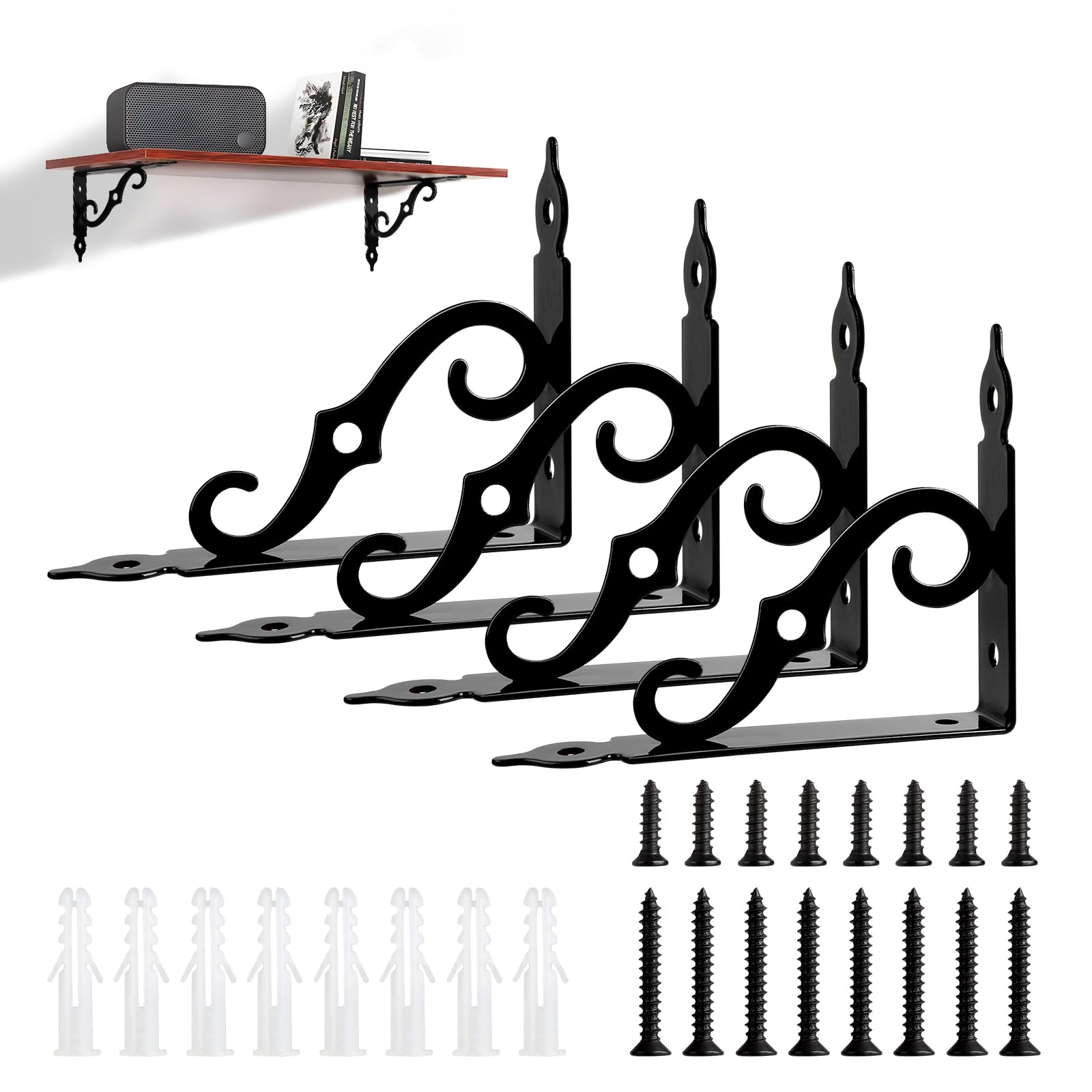 LALAGO Pack of 4 Shelf Brackets, Black Metal, 14 cm, Shelf Brackets, Vintage, Antique Style, S-Shaped Shelf Brackets, Heavy Duty Angle for Wall Shelf, Floating Shelf, Wall Console, Shelves