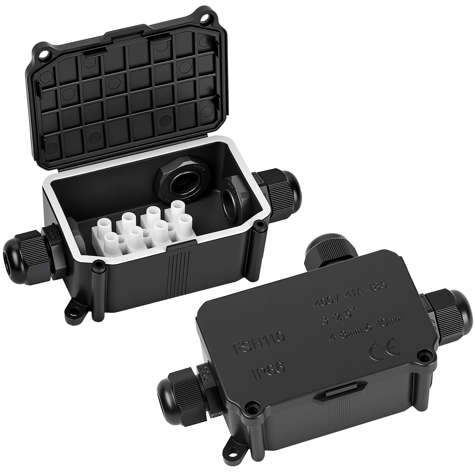 2 Pcs IP66 Waterproof Junction Box, 3-Way Outdoor Electrical Cable Wire Connectors, Black Extension Cable Connectors Junction Boxes with PG9 Glands for Ø4mm-8mm Ø6mm-10mm Cable Cord