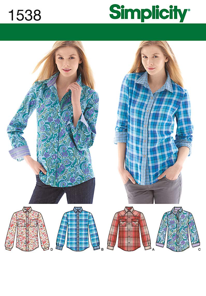 Simplicity 1538 Size R5 Misses Button Front Shirt Sewing Pattern, Multi-Colour