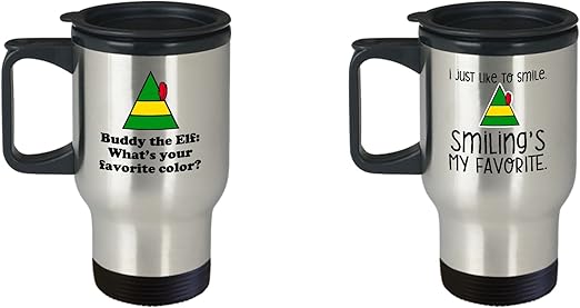 Amazon Com Buddy The Elf Movie Funny Gift Travel Mug Set Of Two Santa Christmas Xmas Holidays Holiday Sarcastic Coffee Cup Kitchen Dining