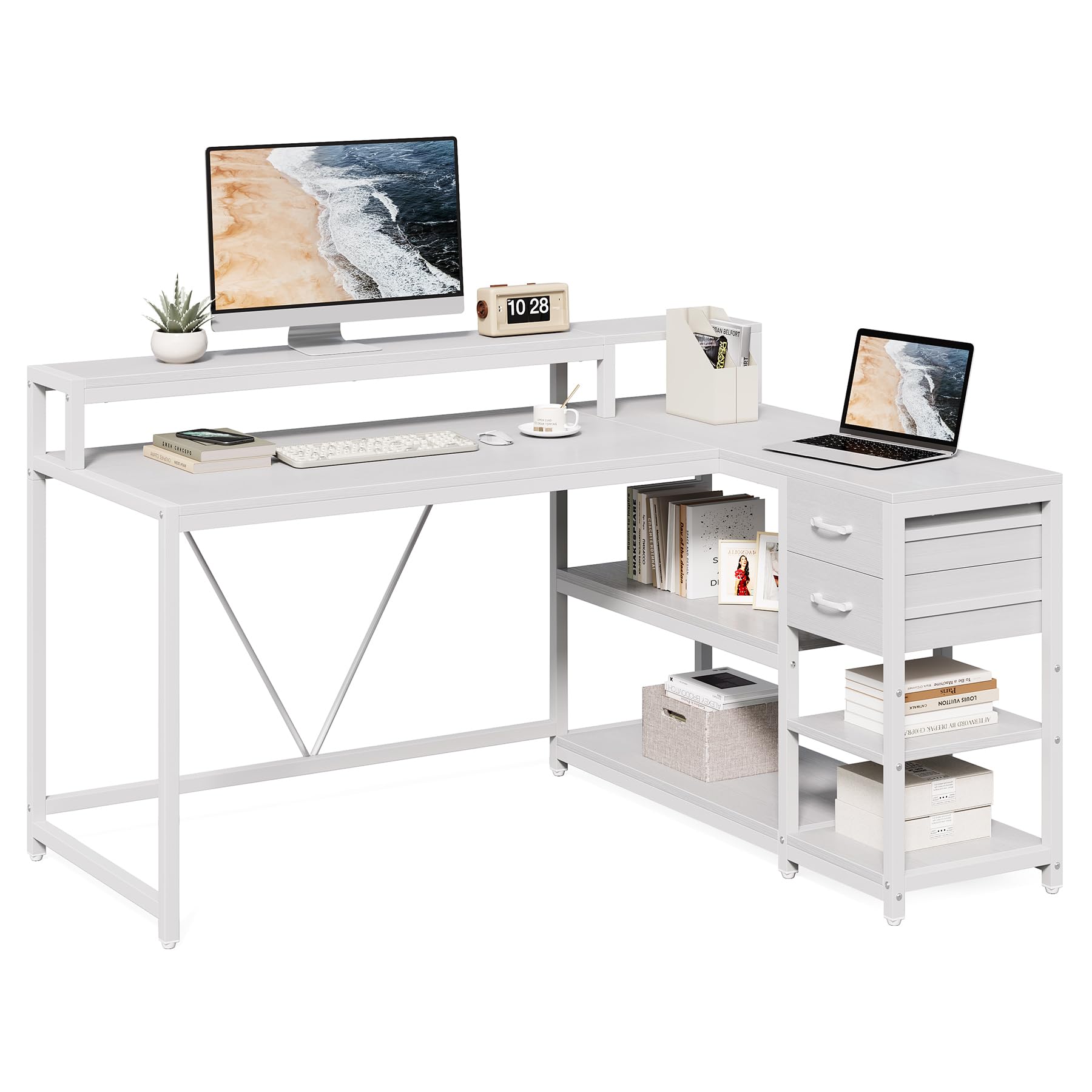 Photo 1 of LITTLE TREE 55-Inch L-Shaped Computer Desk, Reversible Computer Desk with Drawers and Storage Shelves, Corner Desk Gaming Desk Work Desk for Home Office, White