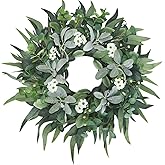 BINFEN 24"-26" Green Eucalyptus Wreaths for Front Door with Lambs Ear White Flowers – Lifelike Spring, Summer, and Winter Wreath for Farmhouse Front Porch Door Decor