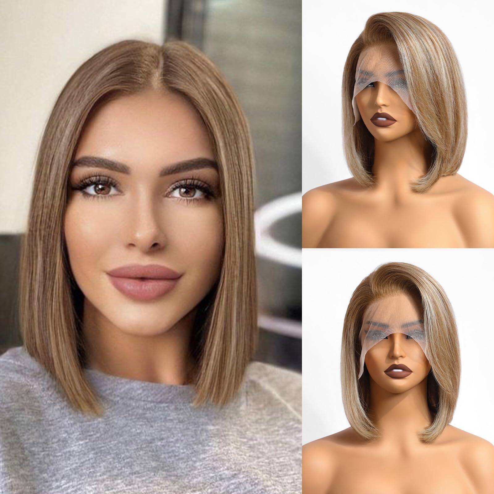Photo 1 of testar 13×4 Brown Bob Wig Human Hair Realistic HD Lace Front Wig Human Hair Ready to Go Bob Wig Glueless 12 Inch Straight Bob Human Hair Wigs for Women