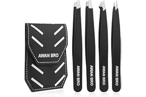 AWAN BRO Professional Stainless Steel Eyebrow Tweezers 4 Pieces With Case, Softly Closure High Precision Strong Grip Eyebrows Facial Hair Ingrown High Grade Tweezers For Women (Black Matt 4pack)