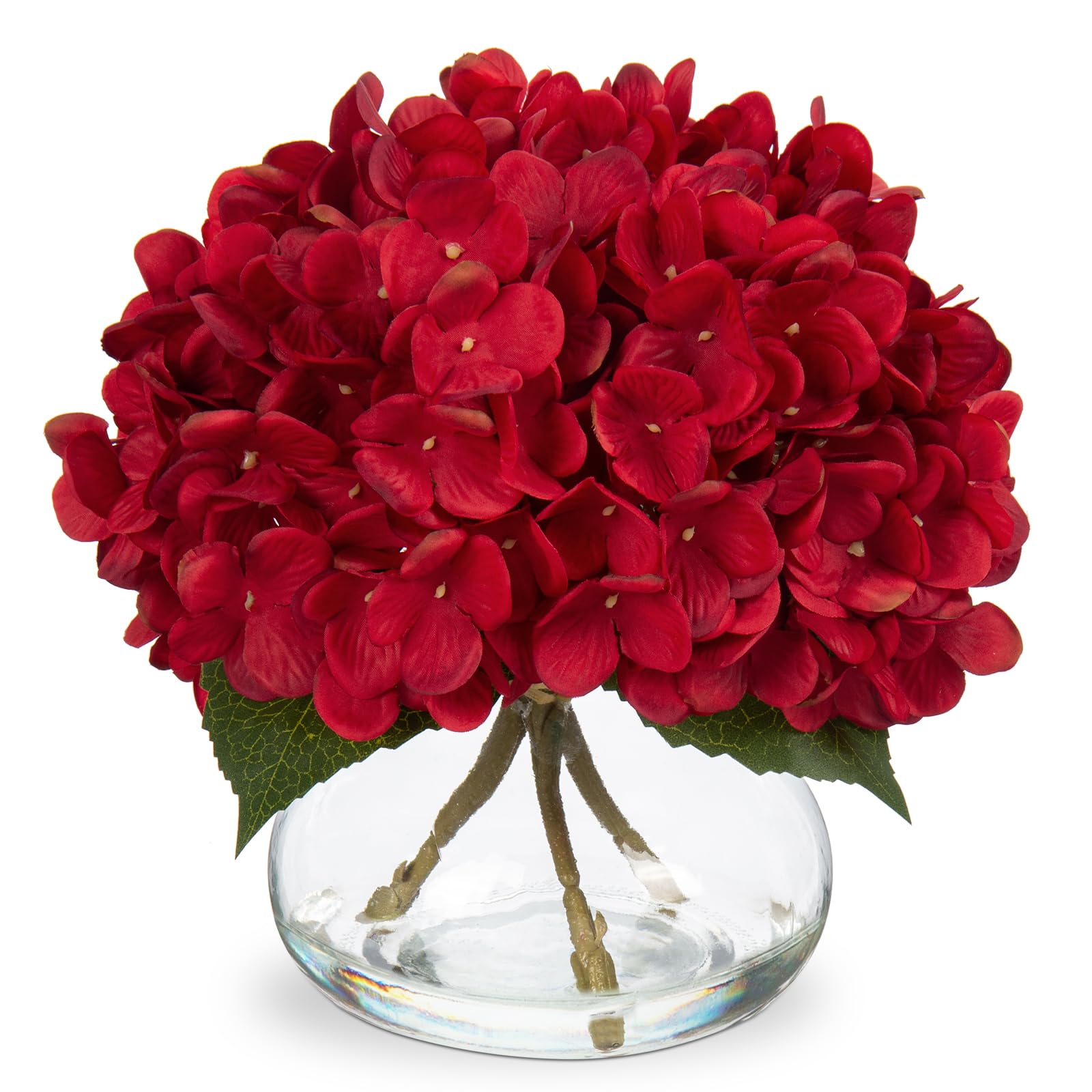 Photo 1 of Hollyone Hydrangea Artificial Flowers in Vase Red Silk Fall Fake Flowers Arrangements with Glass Vase with Faux Water Faux Floral Bulk Bouquet for Office Table Centerpiece Shelf Home Decorations