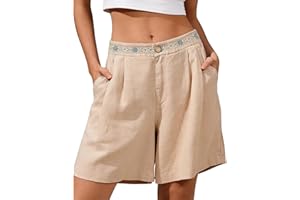 Linen Shorts for Women Hight Waisted Loose Fit Embroideried Shortr Pants Fashion Summer Beach Vacation Clothes with Pockets