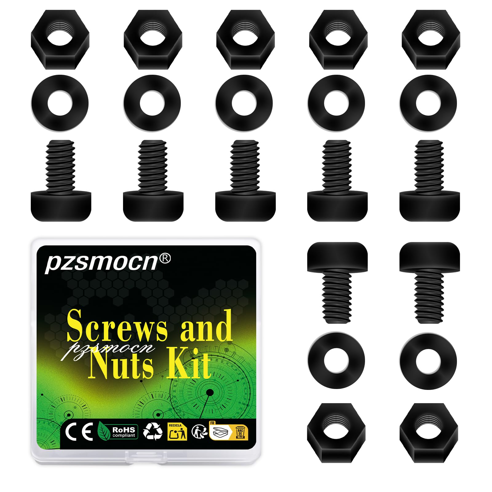 Pzsmocn 300 Pieces/100 Sets M2*4 mm Plastic Black Nylon Cross Round Head Screw Hexagonal Nut Combination Kit, with Insulating Washers, Standard Size, For DIY and Electronic Assembly. — image 1