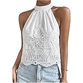 SHENHE Women's High Neck Halter Tank Tops Eyelet Hollow Out Keyhole Back Sleeveless Boho Going Out Blouse