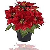 WOBUBU Fake Poinsettia Plants with Red Berry 14 Inch Poinsettias Artificial Christmas Flowers in Pot for Home Porch Garden Office Indoor Outdoor Christmas Decorations (Red)