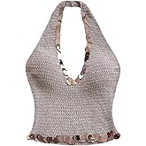 MakeMeChic Women's Y2k Sparkly Sequin Halter Tops Party Low Cut Backless Knit Crop Tops