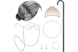 RUNPON Old Lady Wig Costume Set, Granny Cosplay Wig with Cane Grandmother Wig Granny Glasses Eyeglass Chain Pearl Necklace Bracelet Earrings for Halloween Christmas Costume Cosplay (Gray Bun Wig)