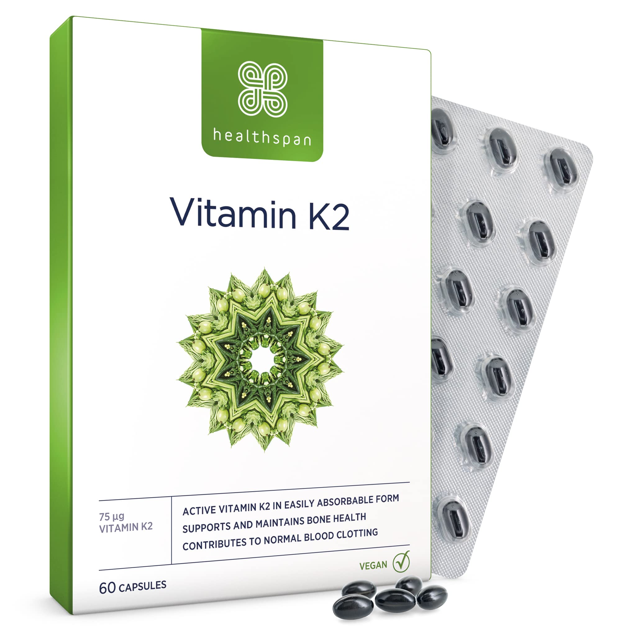 Healthspan Vitamin K2 75µg (60 Capsules) | for Bone and Blood Health | Contains 75 µg Vitamin K2 | Using a Pure, Active Form Called MK-7 | Supports Normal Blood clotting | Vegan