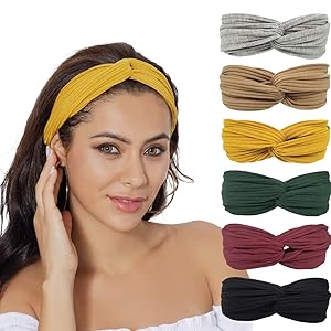 RINCO Headbands for Women,Casual Fashion Stretchy Hair Bands Yoga Workout Non Slip Sweat Vintage Hair Accessories,6 Packs (Twisted Set)