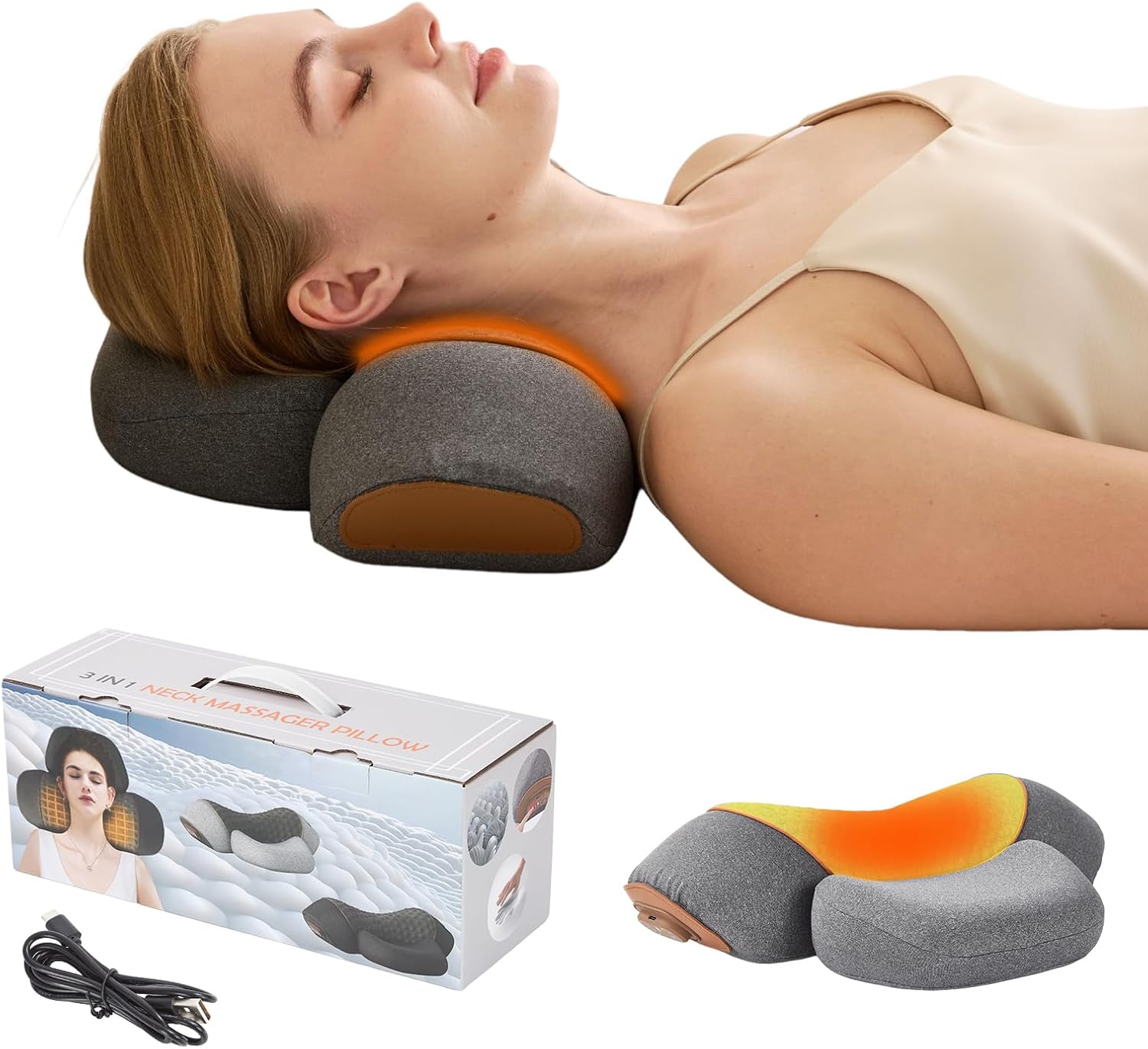 3 in 1 Heated Neck Massage Pillows with Heat for Pain Relief Deep Tissue, Rechargeable Cervical Neck Hump Corrector, Wireless Pillow Supports