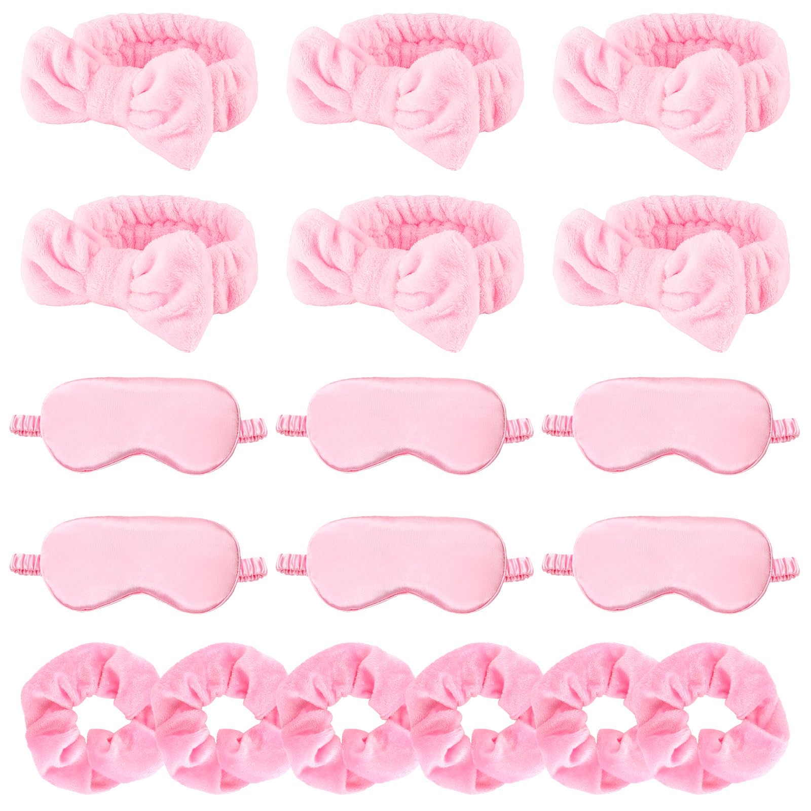 Photo 1 of WHAVEL 18 Pcs Sleepover Party Supplies for Girls - Pink Party Favors Include 6 Spa Headband, 6 Silk Eye Mask and 6 Velvet Scrunchies for Spa Birthday, Bachelorette, Slumber (Pink)