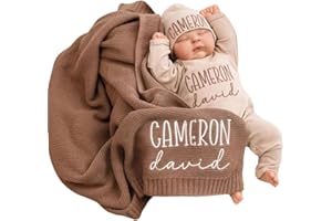 Personalized Baby Outfit Set with Cotton Knit Blanket,Custom Embroidered Name Matching Bodysuit and Hat,Newborn Gift