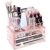 Ikee Design Pink Jewelry & Cosmetic Storage Display Boxes Two Pieces Set, Pink Cosmetic Jewelry Organizer Makeup Holder, Organizer for Vanity