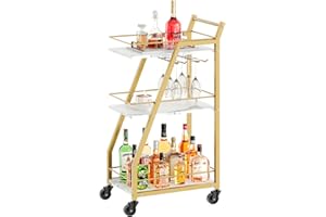 YATINEY Bar Cart, Gold Bar Cart for The Home, Small Bar Cart on Wheels, Beverage Cart, Home Bar Serving Cart with Glass Holder, Drink Cart for Bar, Kitchen, Marble White and Gold BC03DW