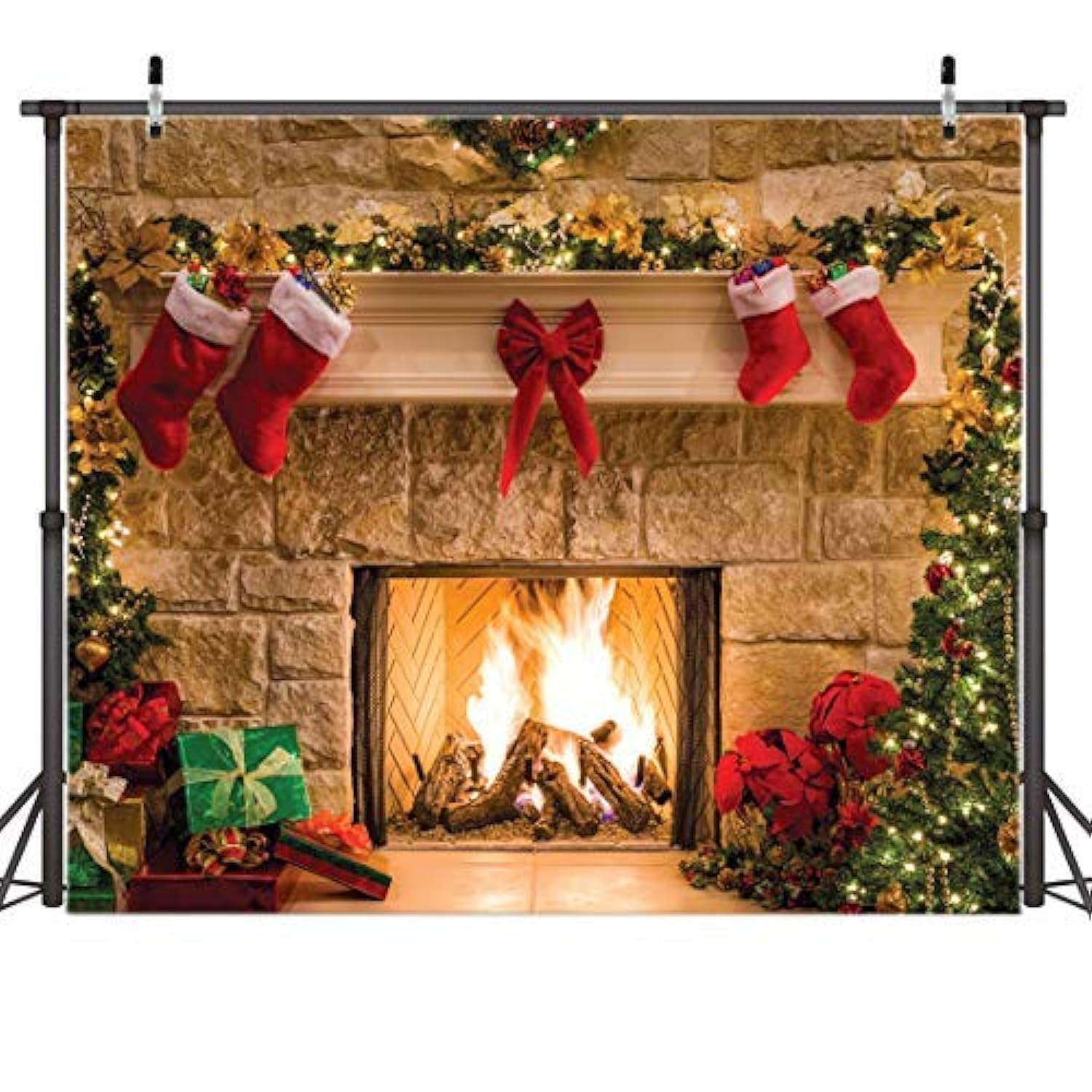AIIKES 10x8FT Merry Christmas Backdrop Tree Sock Gift Family Party Decorations Backdrops Happy New Year Xmas Fireplace Theme Photography Background Pictures Banner Studio Decor Booth Props 11-209