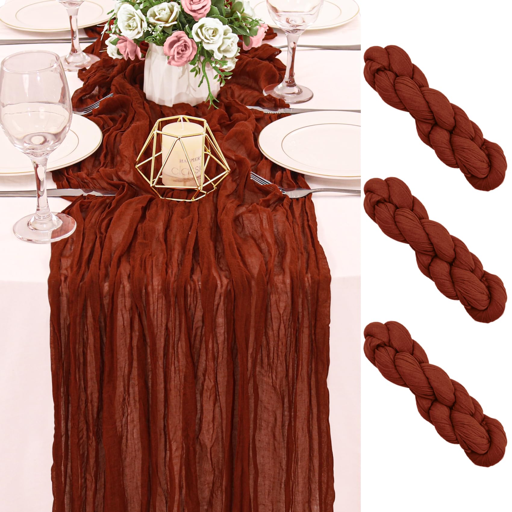 Photo 1 of 3 Pack 120 Inch Terracotta Cheesecloth Table Runner Boho Rustic Gauze Sheer Romantic 10 FT Long Cheese Cloth Table Runner for Bridal Baby Shower Wedding Party Birthday Holiday Home Easter Decor